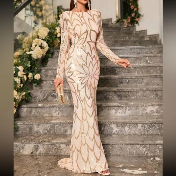 Luxe long sleeve party formal sequins dress Wedding